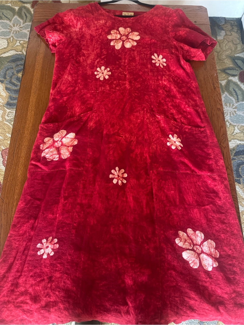 Vintage Blue Cactus Red Linen Dress XL Lagenlook Wearable Art Floral Pocket USA